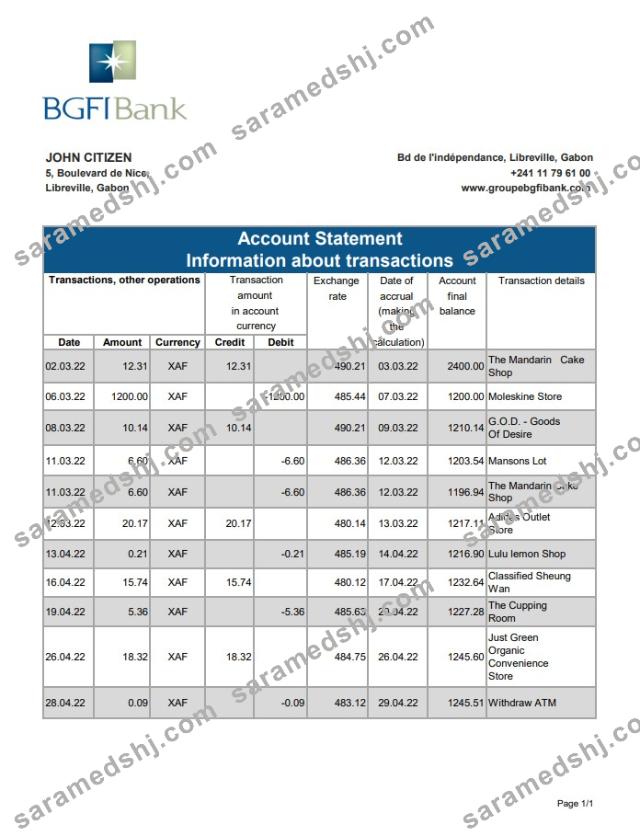 Gabon BGFI bank statement